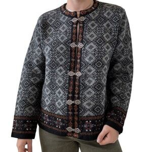 Vintage 1990s Carroll Reed 100% Wool Nordic Gray Geometric Cardigan Sz L